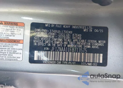 2015 Scion Fr-S из США, поврежденный, VIN JF1ZNAA11F8713575